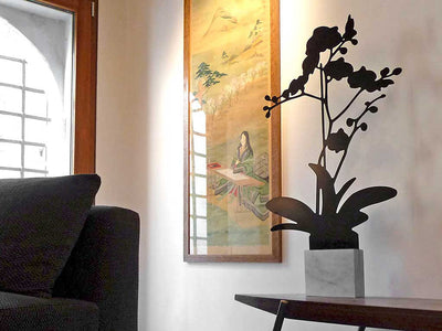 Black Orchid shaped aluminum silhouette on Carrara marble base