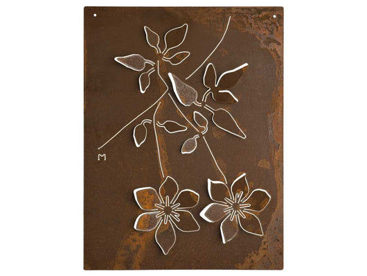 Corten wall sculpture design with Clematis essence leaves and flowers
